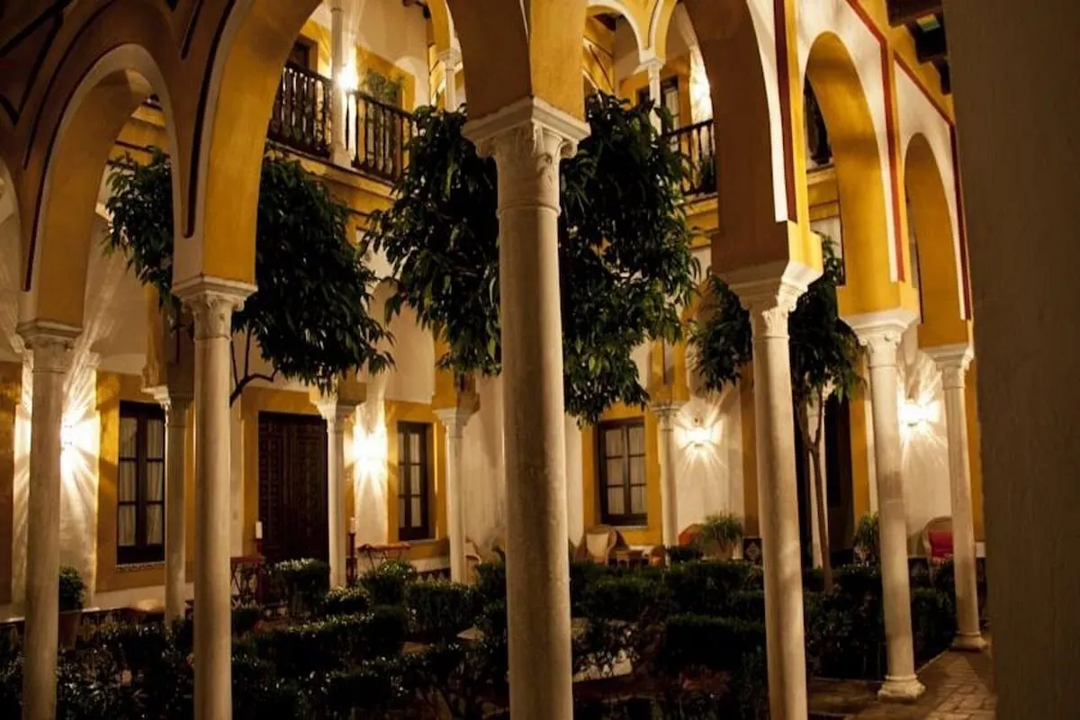 Illuminated arches of the historic patio at night